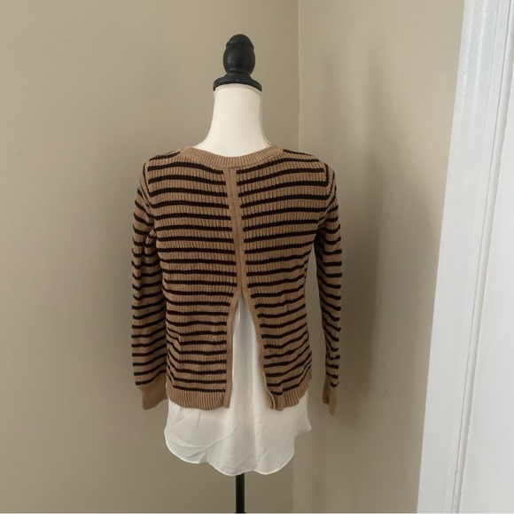 Loft Tan Black Stripe Chunky Knit Faux White Chiffon Layered Sweater Open Back S - Picture 6 of 8